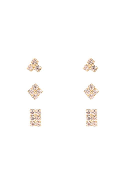 S1-7-5-25868CR-G - CUBIC ZIRCONIA 3 PAIRS SQUARE SET EARRINGS - CRYSTAL GOLD/6PCS (NOW $ 1.75 ONLY!)