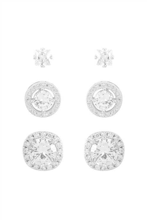 S1-2-1-25887CR-S-ORIGINAL CUBIC ZIRCONIA ROUND SQUARE SHAPE 3PAIR SET EARRINGS-CRYSTAL SILVER/6PCS