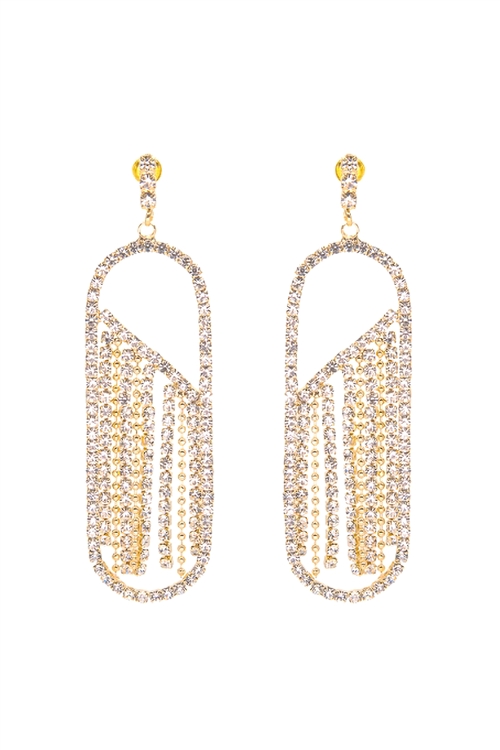 S1-2-4-25933CR-G - RHINESTONE OVAL FRINGE  POST DROP EARRINGS-CRYSTAL GOLD/1PC (NOW $2.00 ONLY!)