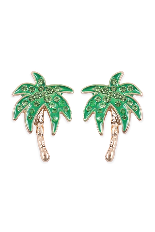 A2-3-3-25941PE-G - RHINESTONE PALM TREE EARRINGS - GOLD/1PC