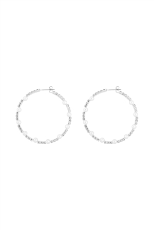 S1-2-5-25975-40WH-S - RHINESTONE W/ PEARL BEAD HOOP 1.75 "EARRINGS - WHITE SILVER/1PC