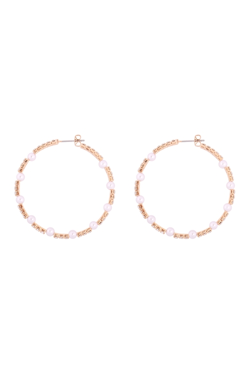 S1-4-5-25975-50WH-G - RHINESTONE W/ PEARL BEAD HOOP 2 " EARRINGS - WHITE GOLD/1PC