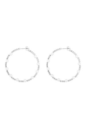 S7-5-5-25975-50WH-S - RHINESTONE W/ PEARL BEAD HOOP 2 " EARRINGS - WHITE SILVER/1PC