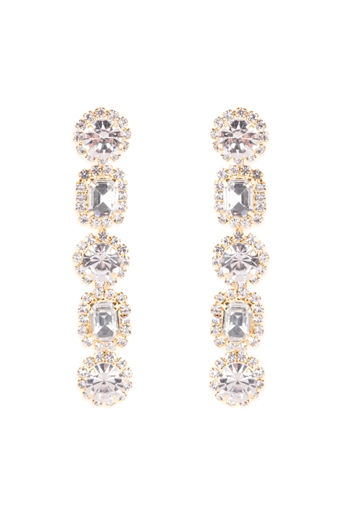 S4-6-2-26022CR-G -RHINESTONE ROUND SQUARE SHAPE DROP POST EARRINGS -CRYSTAL GOLD/1PC