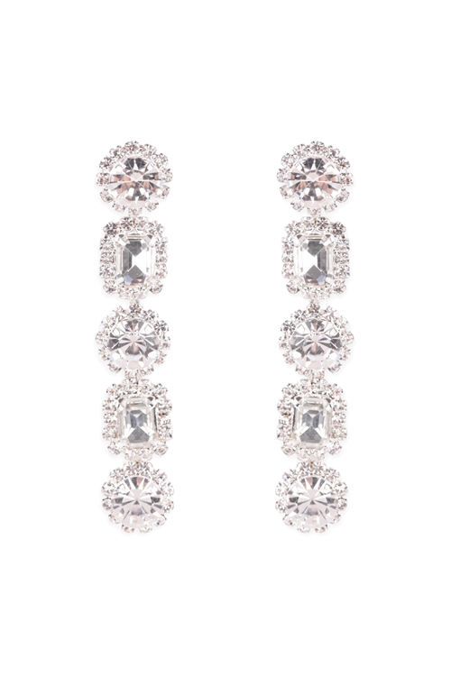 S4-6-2-26022CR-S - RHINESTONE ROUND SQUARE SHAPE DROP POST EARRINGS-CRYSTAL SILVER/1PC