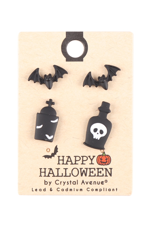 SA4-3-5-26239H-JT -  (HALLOWEEN) TOMB BAT 2PAIRS STUD EARRINGS - BLACK/6PCS