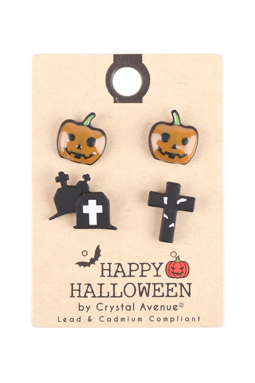 S4-5-3-26242H-JT - (HALLOWEEN) PUMPKIN TOMB CROSS 2 PAIRS STUD EARRINGS - BLACK/1PC