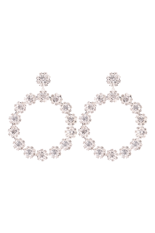 S1-4-5-26305-60CR-S - RHINESTONE FLOWER PATTERN HOOP POST EARRINGS-CRYSTAL SILVER /6PCS