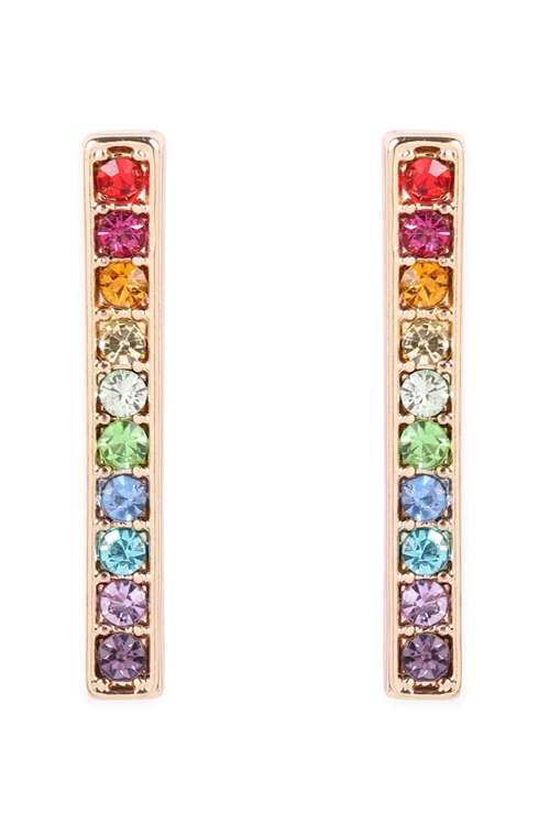 A3-3-4-26348MU-G- RAINBOW BAR SHAPE RHINESTONE EARRINGS-GOLD/6PCS