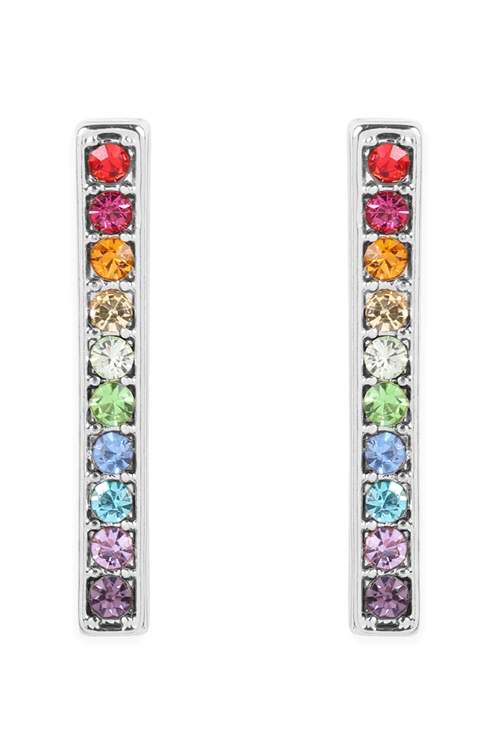 A3-3-4-26348MU-R- RAINBOW BAR SHAPE RHINESTONE EARRINGS-SILVER/6PCS