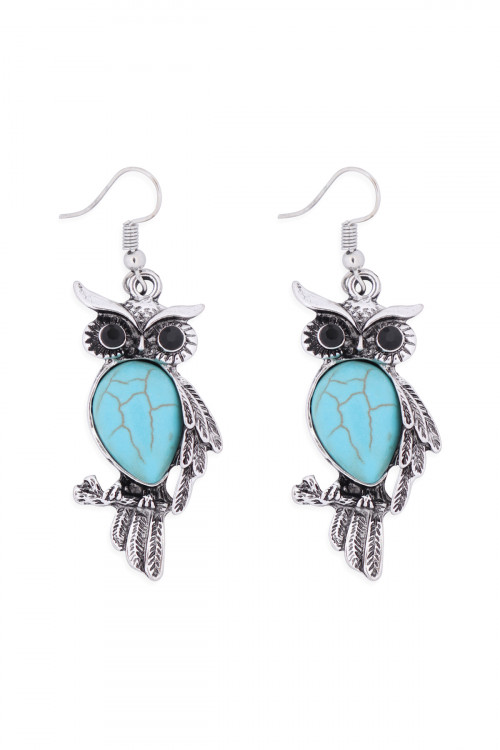 S1-4-4-26495TQ-BS - OWL TURQUOISE STONE HOOK EARRINGS - BURNISH SILVER/6PCS