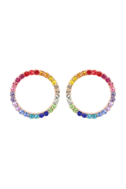 S1-6-5-26616RMU-G - OPEN CIRCLE RAINBOW RHINESTONE POST EARRINGS - MULTICOLOR GOLD/6PCS