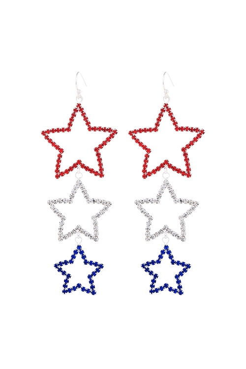 S1-5-3-26659MU-S - 3STAR PATRIOT DANGLE DROP HOOK EARRINGS-USA SILVER/1PC