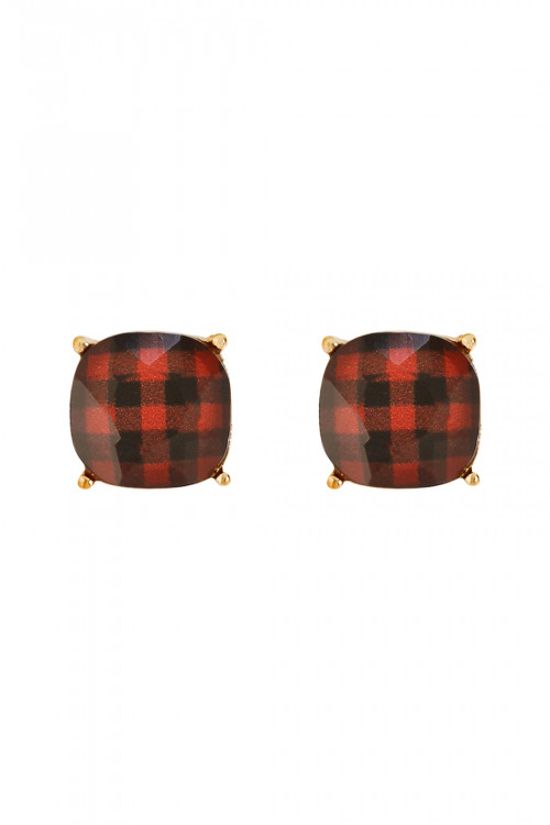 A1-3-4-26678SI-G RED FACETED BUFFALO CHECKERED POST EARRINGS/1PAIR