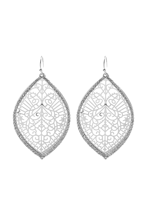 S7-5-5-26682CR-R - FILIGREE LEAF SHAPE RHINESTONE  FISH HOOK EARRINGS - CRYSTAL SILVER/6PCS