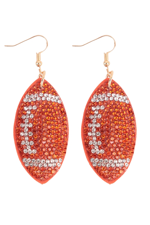 S1-4-2-26690HYG - SUEDE CRYSTAL SPORTS FOOTBALL FISH HOOK EARRINGS - ORANGE/6PCS