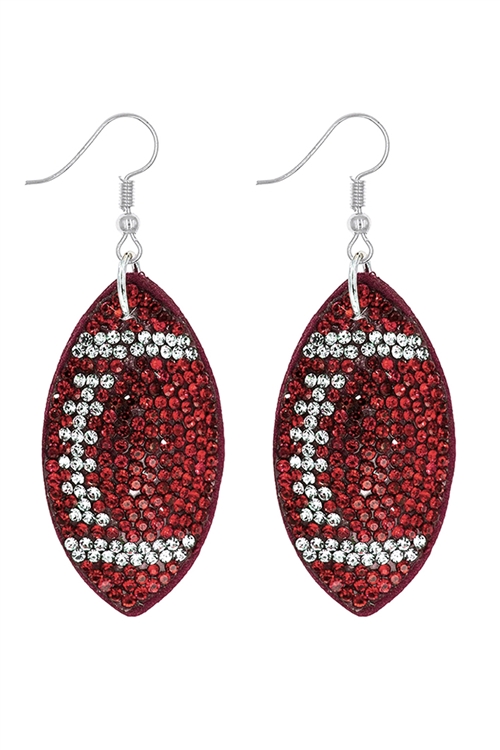 S1-6-2-26690SI-R - SUEDE CRYSTAL SPORTS FOOTBALL FISH HOOK EARRINGS-SILVER RED/6PCS