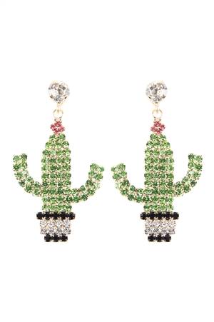 A2-2-2-26719PE-G - SUEDE CRYSTAL FLOWER CACTUS POTTED EARRINGS /1PC