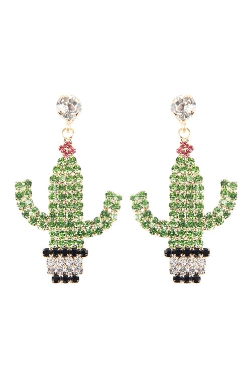 A2-2-2-26719PE-G - SUEDE CRYSTAL FLOWER CACTUS POTTED EARRINGS /1PC
