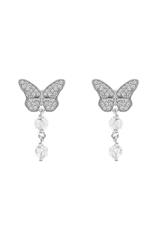 S6-4-3-26776CR-RH - CUBIC ZIRCONIA BUTTERFLY TWO ROUND DROP EARRINGS - CRYSTAL SILVER/6PCS