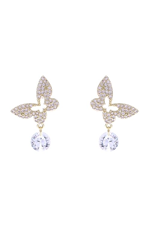 A2-3-4/S6-5-4-26779CR-OG - OVAL CUBIC ZIRCONIA  PAVE BUTTERFLY  DANGLE POST EARRINGS - CRYSTAL GOLD/6PCS