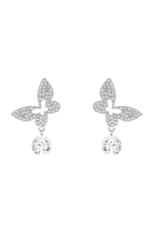 A2-3-4-26779CR-RH - OVAL CUBIC ZIRCONIA  PAVE BUTTERFLY  DANGLE POST EARRINGS - CRYSTAL  SILVER/6PCS