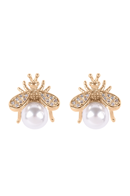 S1-5-2-26796WH-OG - CUBIC ZIRCONIA PEARL CUTE BEE STUD EARRINGS - WHITE GOLD/6PCS