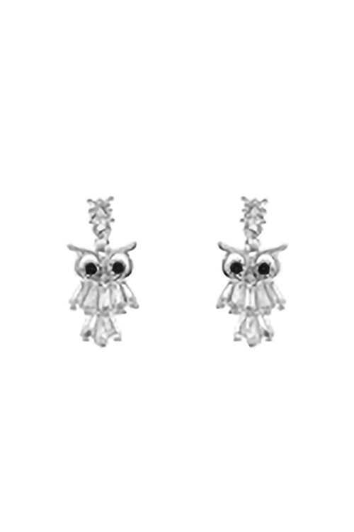 A2-3-4-26797CR-RH - CUBIC ZIRCONIA OWL  BAGUETTE  STUD EARRING - CRYSTAL SILVER/1PC