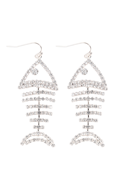 S24-7-5-26836CR-S - FISH BONE RHINESTONE DANGLING EARRINGS - CRYSTAL SILVER/6PCS