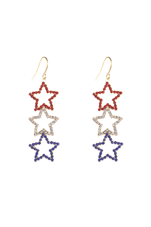 S1-7-2-26905MU-G - 3 STAR PATRIOT DANGLE DROP HOOK EARRINGS-USA GOLD/6PCS