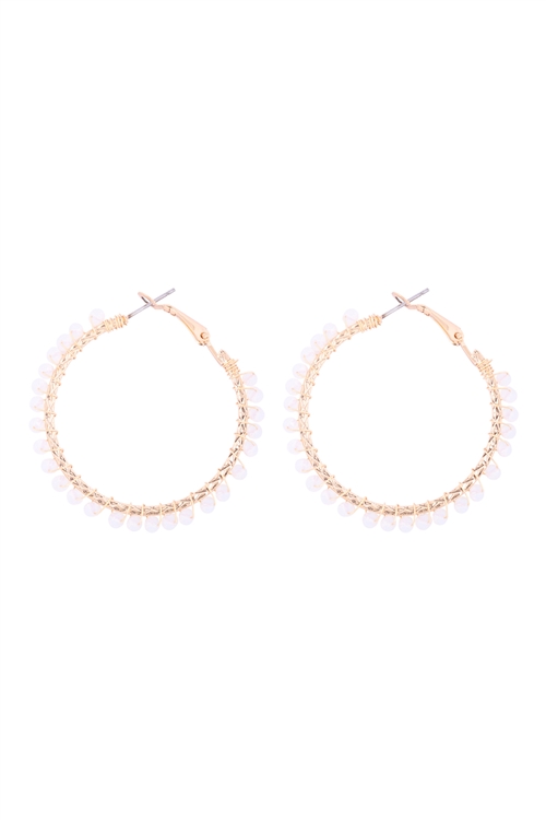 S1-2-5-26923WO-G - WIRED GLASS BEAD HOOP EARRINGS - WHITE GOLD/1PC