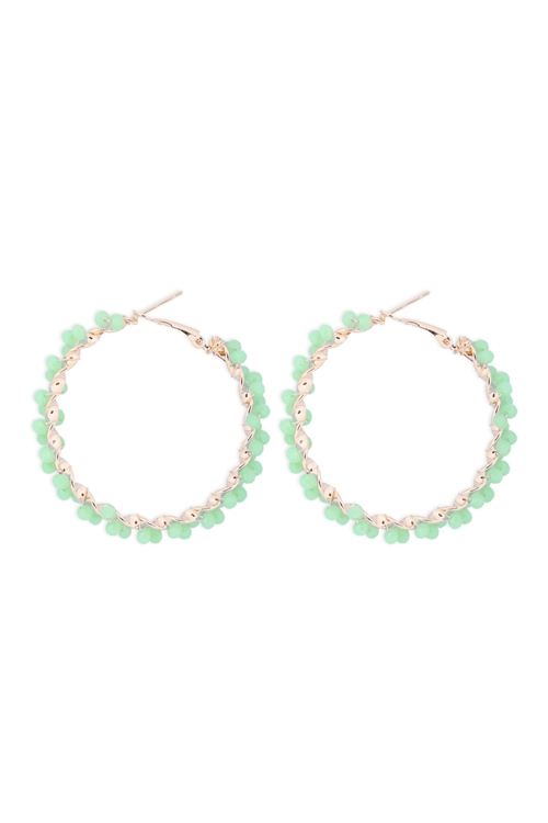 S1-3-4-26924CH-G - WIRED GLASS BEADS WRAP HOOP EARRINGS - GREEN/1PC