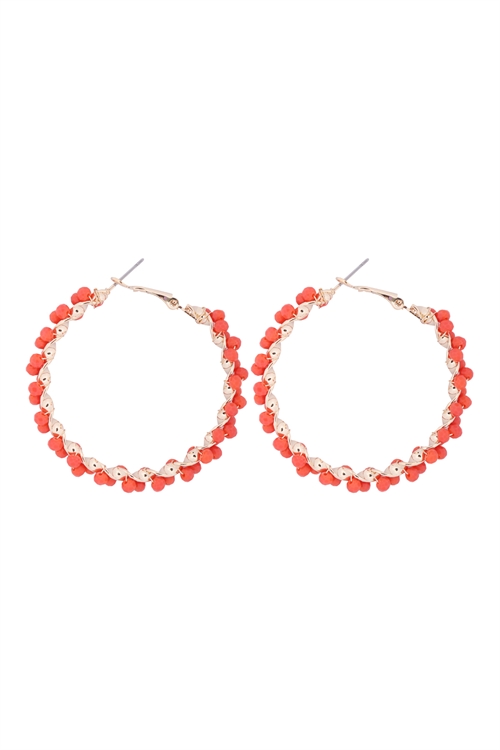 237-B-26924HY-G - WIRED GLASS BEADS WRAP HOOP EARRINGS - ORANGE/1PC