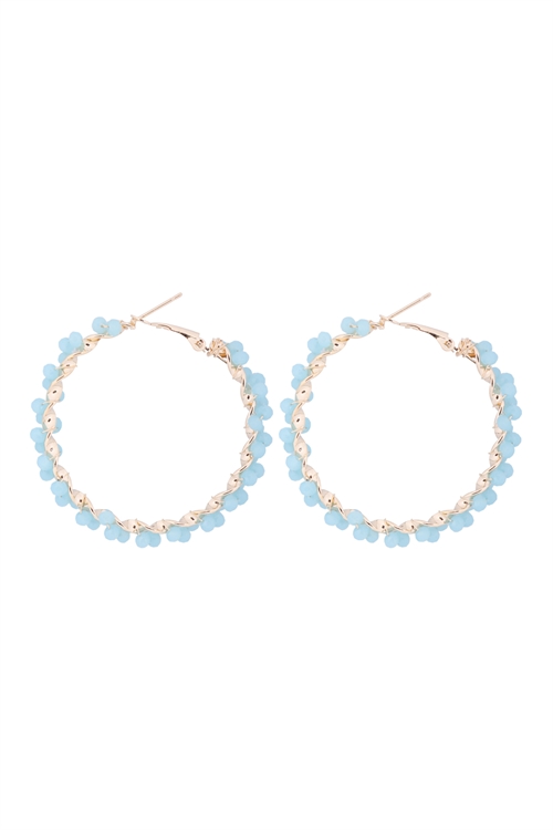 237-B-26924MG-G - WIRED GLASS BEADS WRAP HOOP EARRINGS - BLUE/1PC