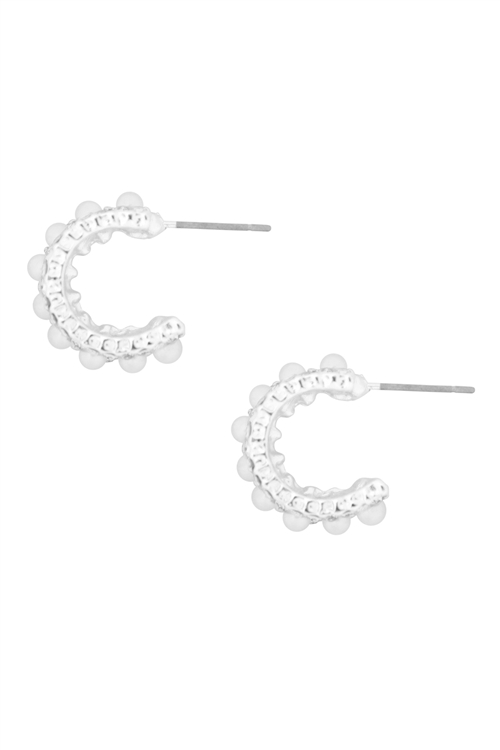 S1-1-3-26936WH-R - CENTER PEARL C HOOP EARRINGS - WHITE SILVER/6PCS