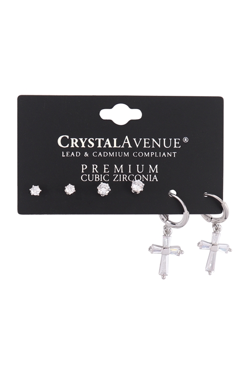 S7-6-4-26951CR-R - CUBIC ZIRCONIA 3 PAIR ROUND STUD CROSS HUGGIE EARRINGS - CRYSTAL SILVER/6PCS