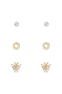 A3-3-3-26998CR-G - CUBIC ZIRCONIA  BUTTERFLY ROUND 3 PAIR STUD EARRINGS - CRYSTAL GOLD/1PC