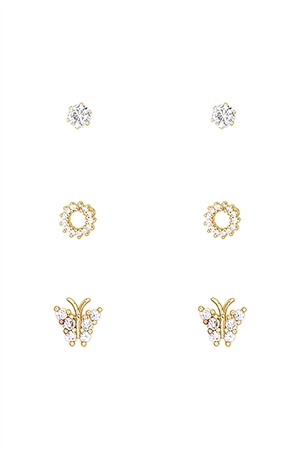 A3-3-3-26998CR-G - CUBIC ZIRCONIA  BUTTERFLY ROUND 3 PAIR STUD EARRINGS - CRYSTAL GOLD/1PC