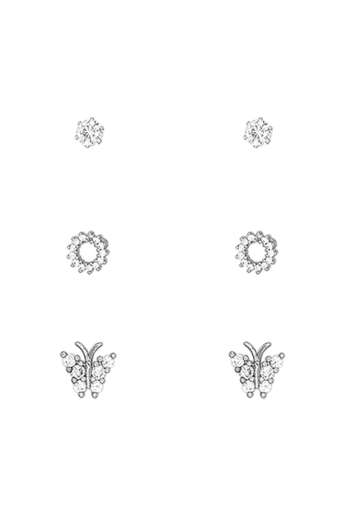 A3-3-3-26998CR-R - CUBIC ZIRCONIA  BUTTERFLY ROUND 3 PAIR STUD EARRINGS - CRYSTAL SILVER/1PC