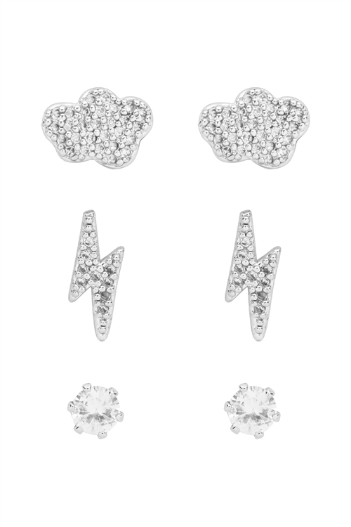 SA3-3-4-26999CR-R - CUBIC ZIRCONIA LIGHTNING CLOUD 3PAIR EARRINGS-CRYSTAL SILVER/6PCS