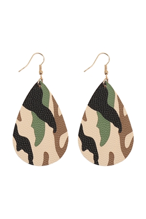 S24-7-5-27044OL-G - CAMOUFLAGE PRINTED TEARDROP HOOK EARRINGS - OLIVE GOLD/1PC