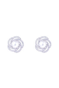 A2-3-4-27142WH-RH - CUBIC ZIRCONIA  FLOWER CENTER PEARL STUD EARRINGS - WHITE SILVER/1PC