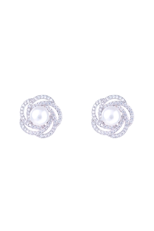 A2-3-4-27142WH-RH - CUBIC ZIRCONIA  FLOWER CENTER PEARL STUD EARRINGS - WHITE SILVER/1PC