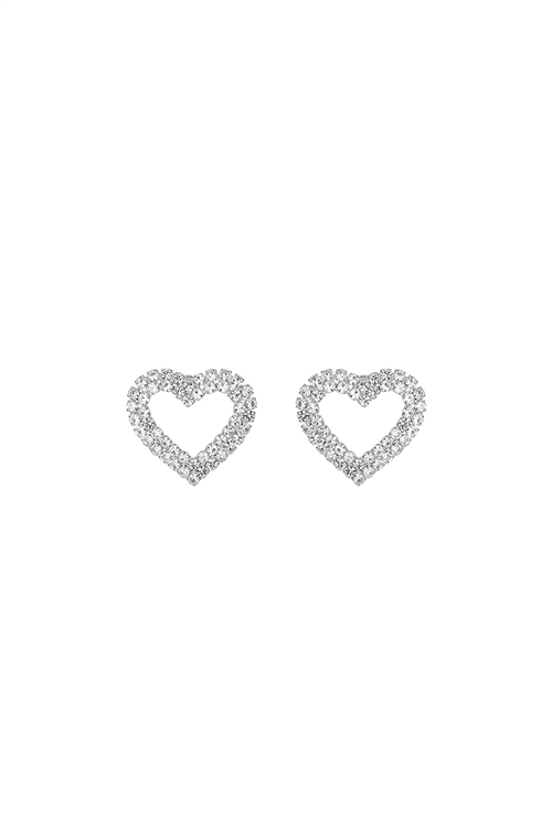 237-B-27192VCR-S - RHINESTONE DOUBLE LINE OPEN HEART STUD EARRINGS - SILVER CRYSTAL/6PCS