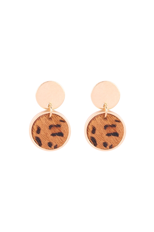 A3-1-2-27203STO-WG - ROUND DROP LEOPARD PRINT POST EARRINGS - BROWN MATTE GOLD/6PCS