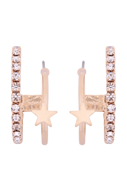 A1-3-2-27216CR-G- STAR SHAPE DOUBLE HOOP EARRINGS-CRYSTAL GOLD/6PCS