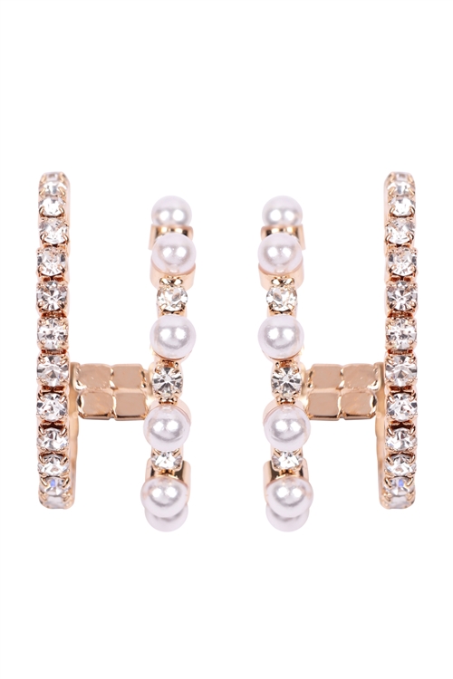 A1-3-2-27217WH-G- PEARL STONE DOUBLE HOOP EARRINGS-WHITE GOLD/6PCS