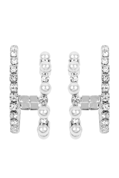 A2-1-4-27217WH-S- PEARL STONE DOUBLE HOOP EARRINGS-WHITE SILVER/6PCS