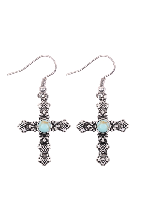 S1-3-5-27230TQ-BS - CROSS W/ NATURAL STONE FISH HOOK EARRINGS-TURQUOISE BURNISH SILVER/6PCS