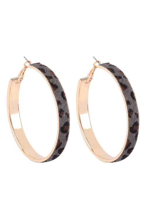 A1-2-3-27371-60BD-G - 2.375" LEOPARD PRINT HOOP EARRINGS - GOLD GRAY/6PCS